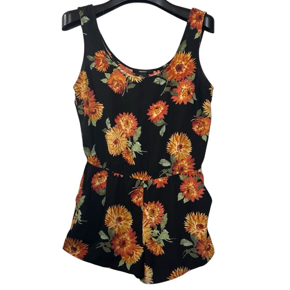 Forever 21‎ Romper S Short Set Black Orange Floral Sleeveless Lightweight Summer